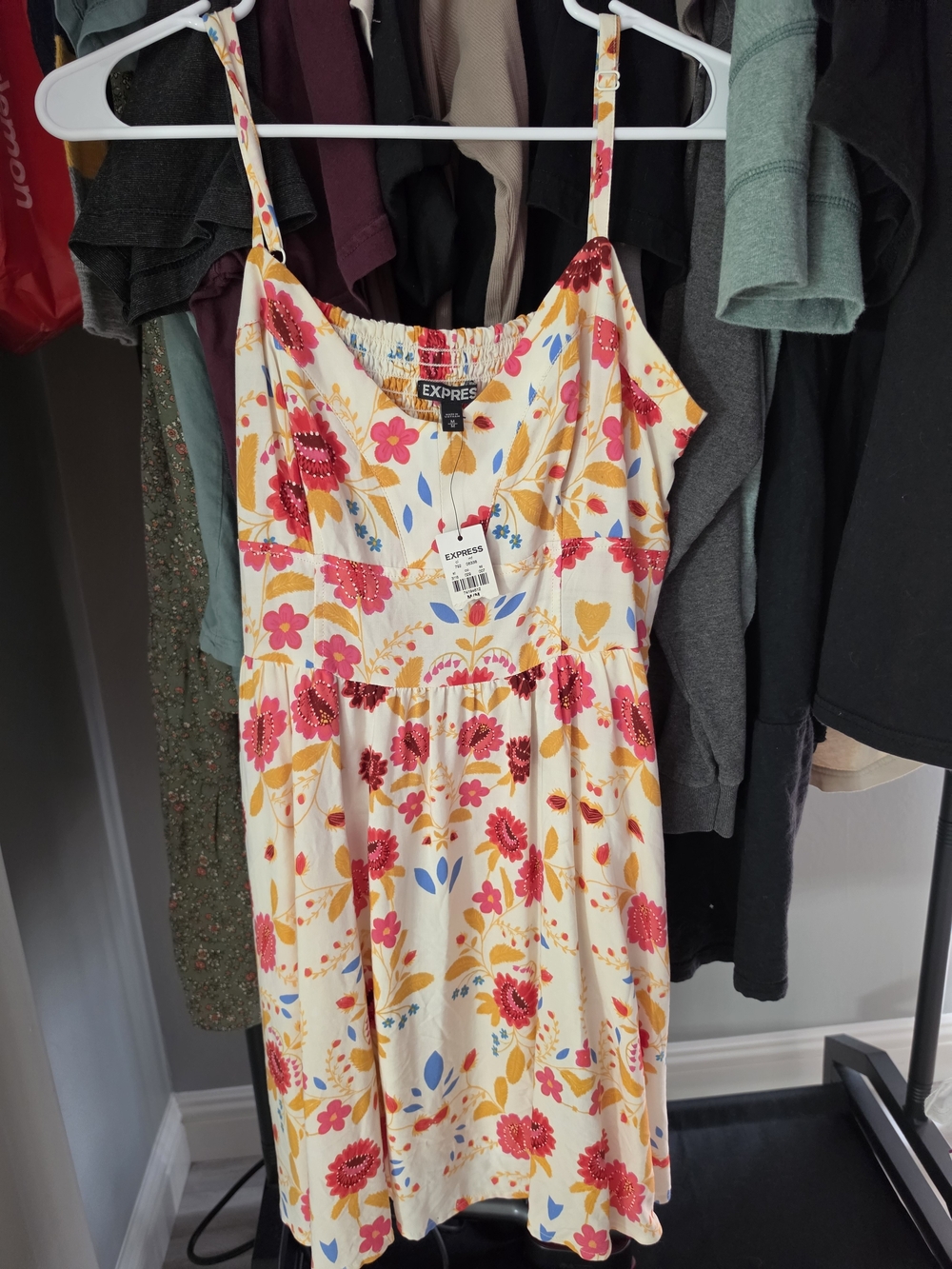Express Floral Mini Sundress in Cream with Pink & Yellow Accents